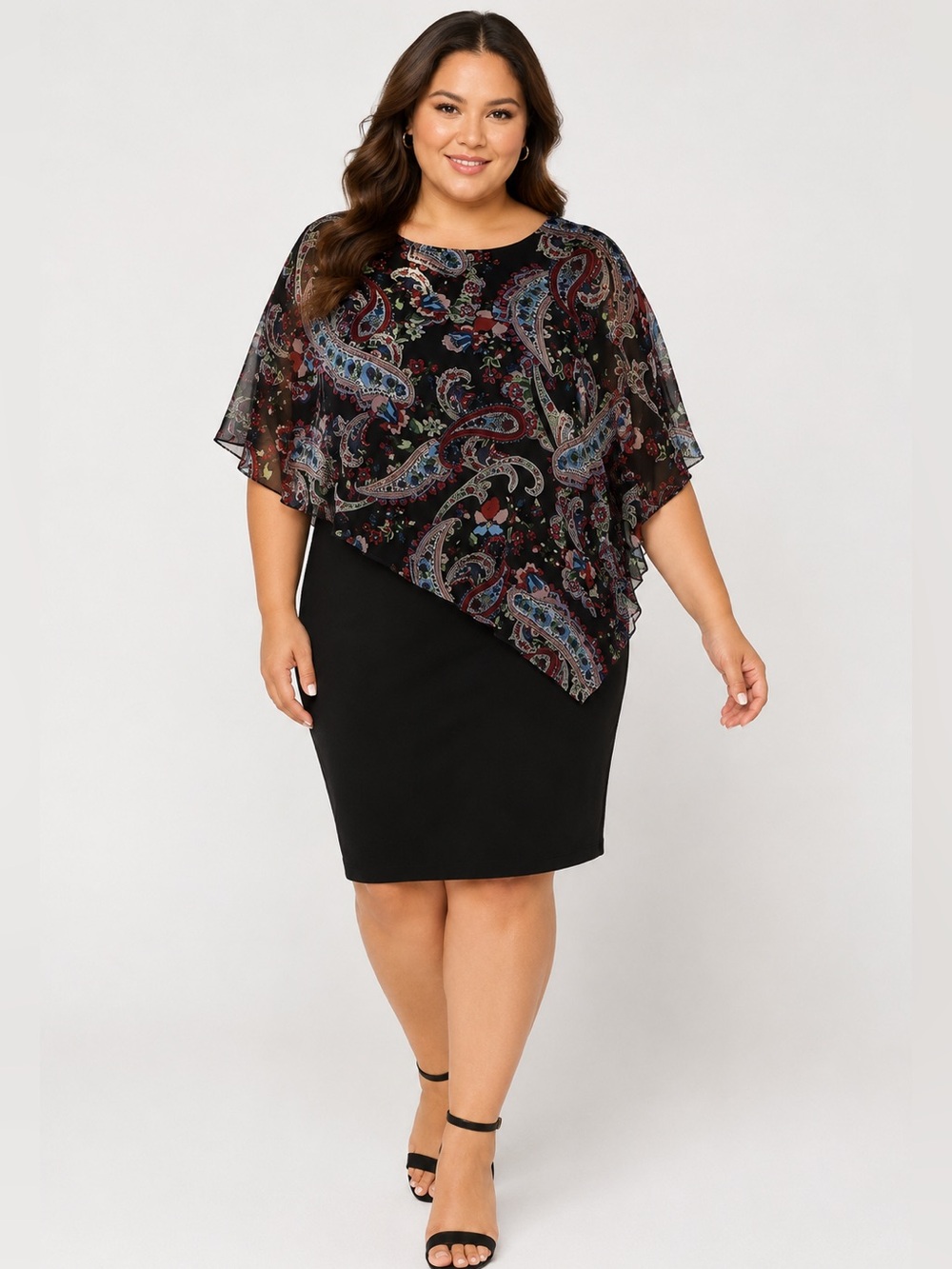 Connected Apparel Black Paisley Chiffon Overlay Sheath Boho Dress 20W Cocktail‎